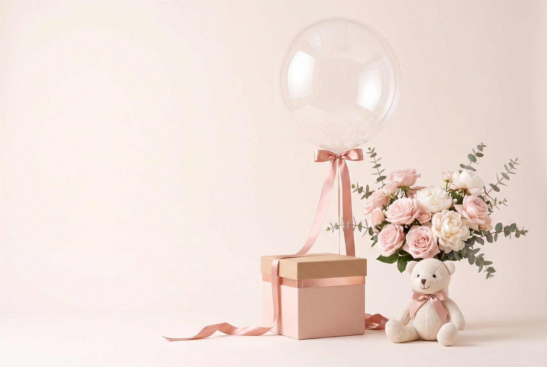 Premium personalized Elamora gift composition with bubble balloon, pastel flowers, satin ribbons and plush
